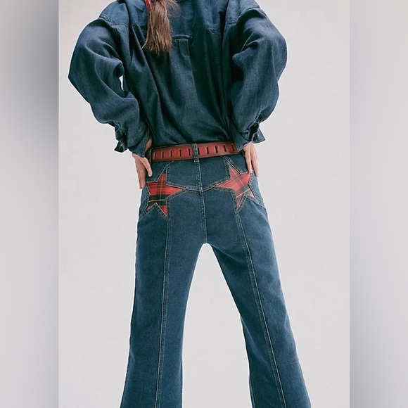 NWT Free People We The Free Firecracker Flare Jeans - holiday tartan- 26, 27, 28 - Picture 2 of 12